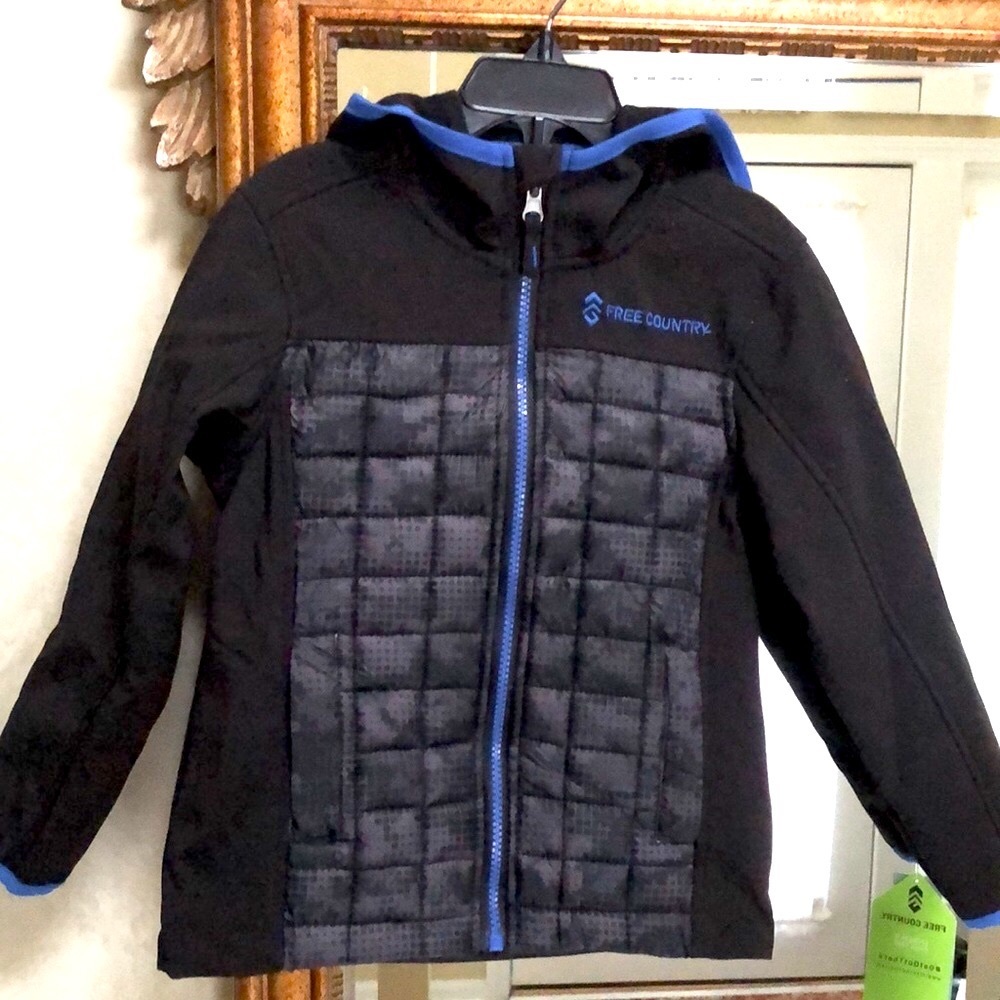 New Boys Free Country lightweight hooded jacket. Size XXS 4/5. Black/grey/blue.